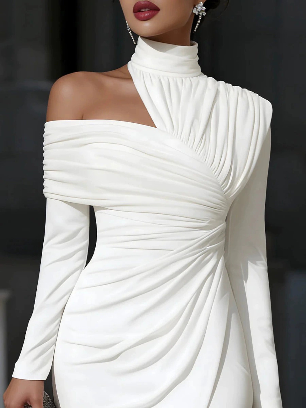 ZARA Spring Solid Color Long Sleeve High Neck Pleated Irregular Dress